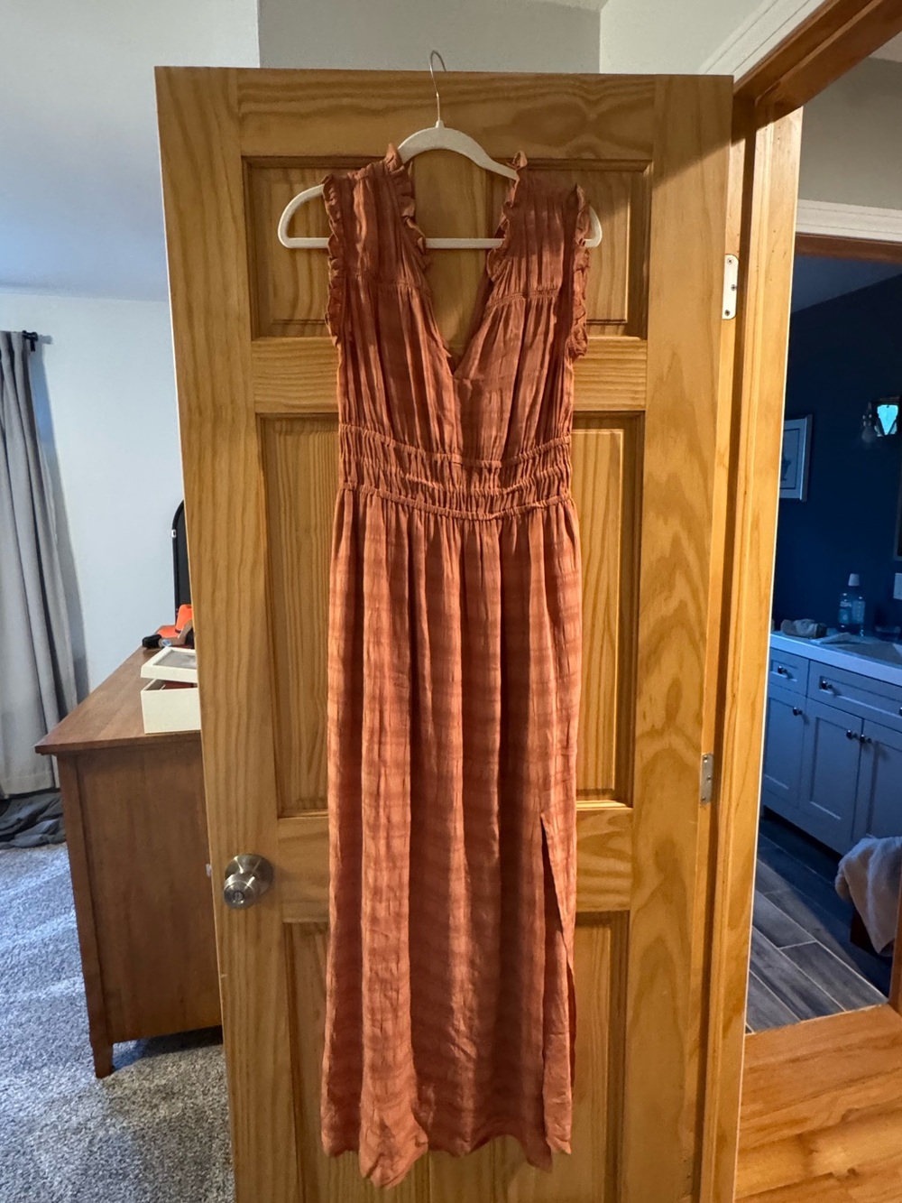 Anthropologie Rust-Orange Maxi Dress with Smocked Waist